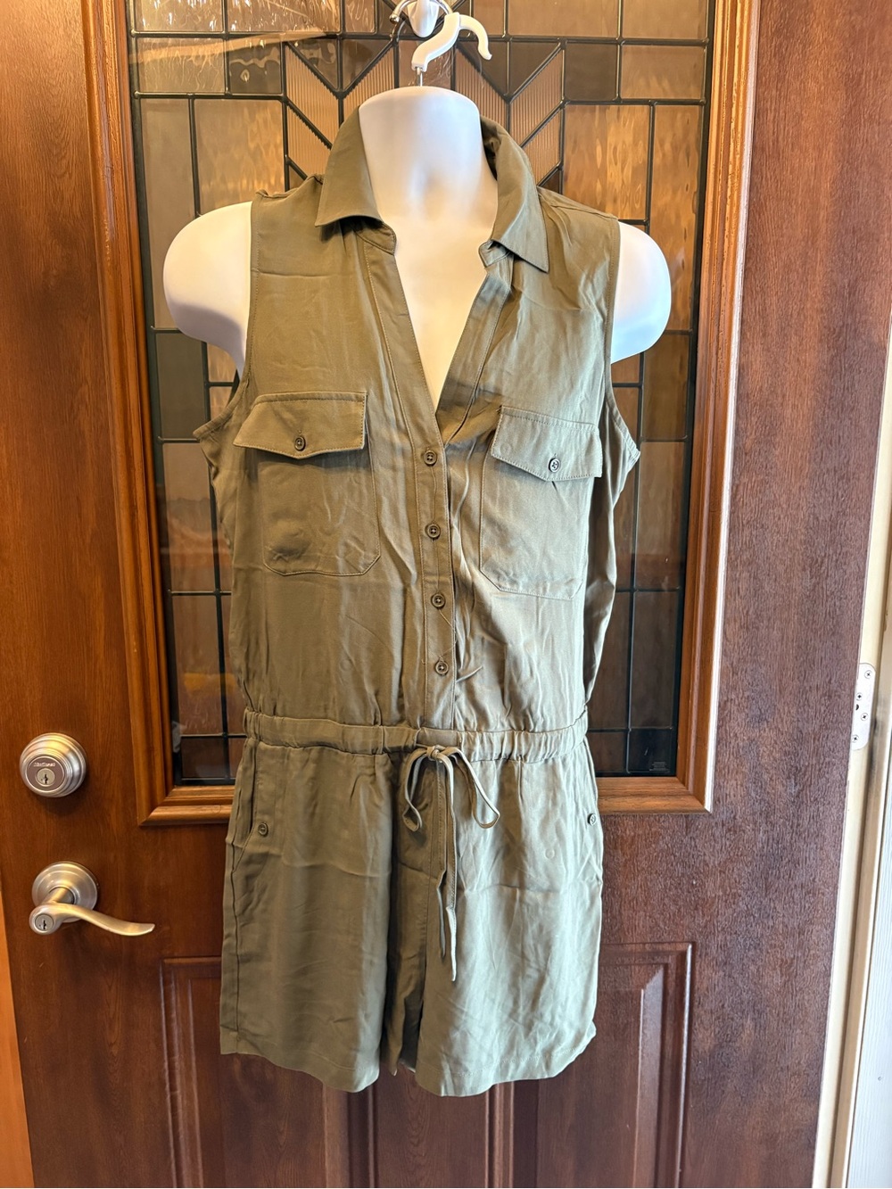 Sleeveless Olive Utility Romper with Drawstring Waist and Button Front